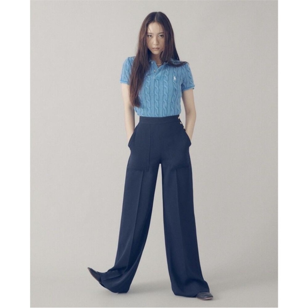 polo ralph lauren high waisted wide leg blue trousers gold button nautical